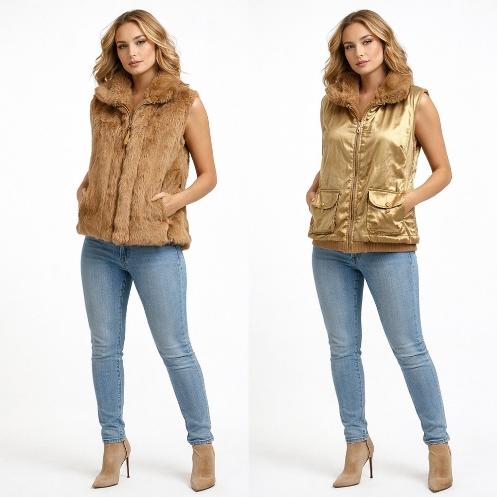 miFresia‎ Women Reversible Rabbit Fur Satin Vest Gold Knit Back Sz M Luxury Y2K